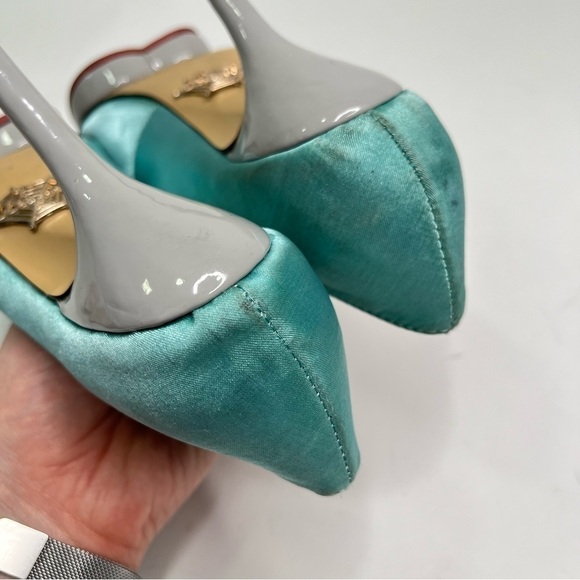 CHARLOTTE OLYMPIA Teal Aquamarine Satin Pointed-Toe Platform Grey Pumps Heels - Picture 9 of 12